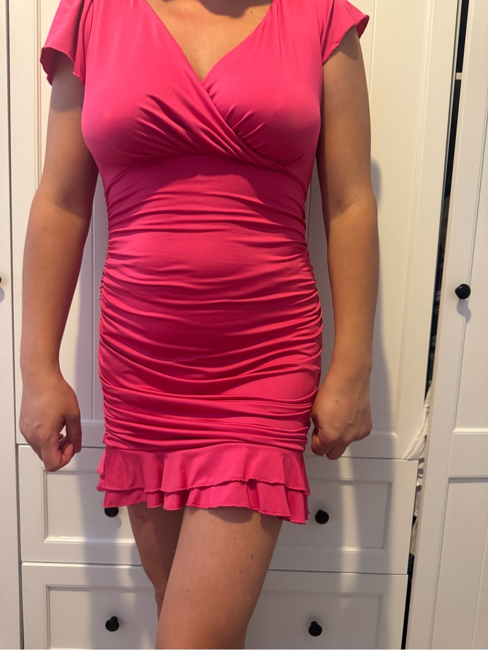 Women's Pink Short Sleeve V-Neck Ruched Dress